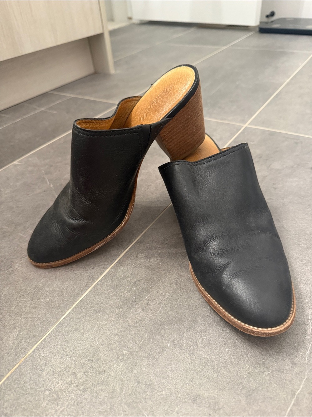 Madewell Black Leather Mule Heels with Wood-Effect Block Heel